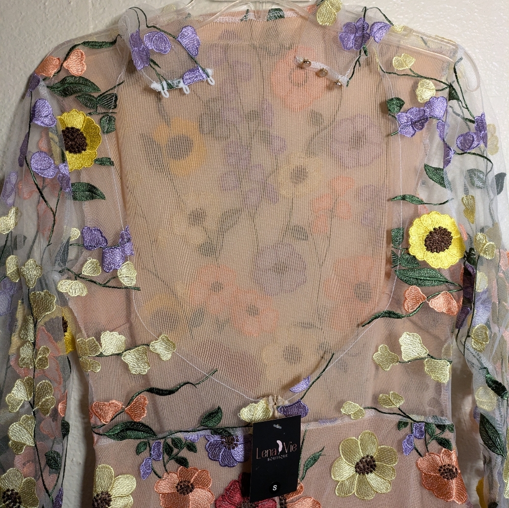Lena Vie Boutique Floral Embroidered Sheer Dress Size Small - Picture 11 of 12